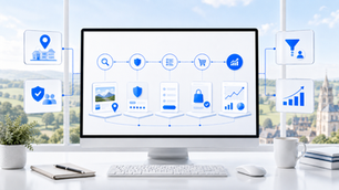 Business website journey linking local discovery, customer trust, conversion and measurable growth