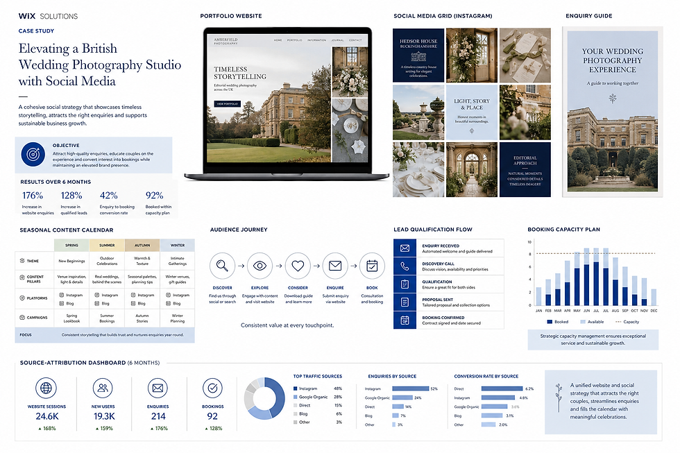 White Wix Solutions wedding photography social media case study mockup and dashboard