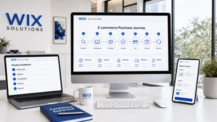 Wix Solutions office showing an E-commerce Website Design journey from discovery to recovery, with product evidence checks, fulfilment scorecard and mobile checkout.