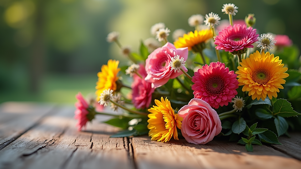 Close-up of a colorful bouquet of fresh flowers on a wooden table