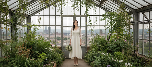 Bride in a Sheffield glass garden for natural wedding photography