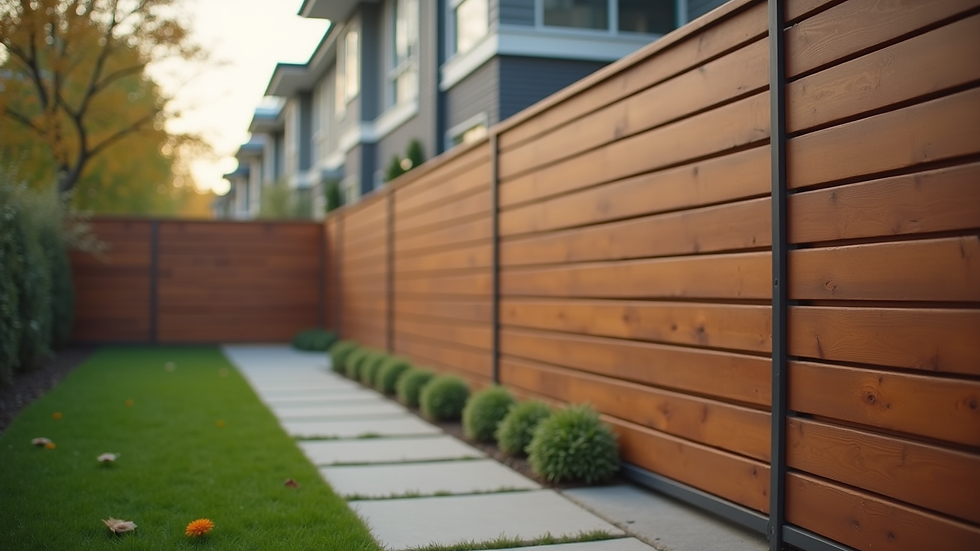 Eye-level view of a sleek modern wood fence panel along a city backyard