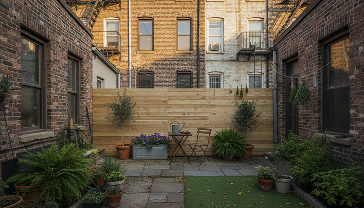 Wide-angle view of a fenced Brooklyn backyard beside brick row houses.