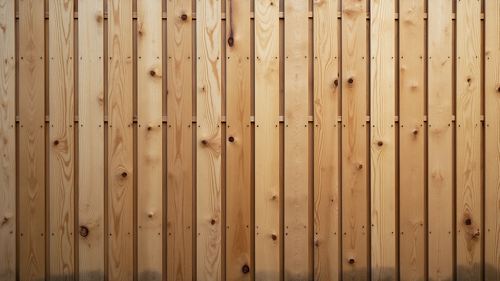 Close-up view of a vertical board wood fence with small gaps and natural finish