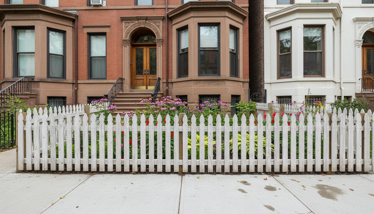 Wide-angle view of a low wood fence in front of a Brooklyn row house