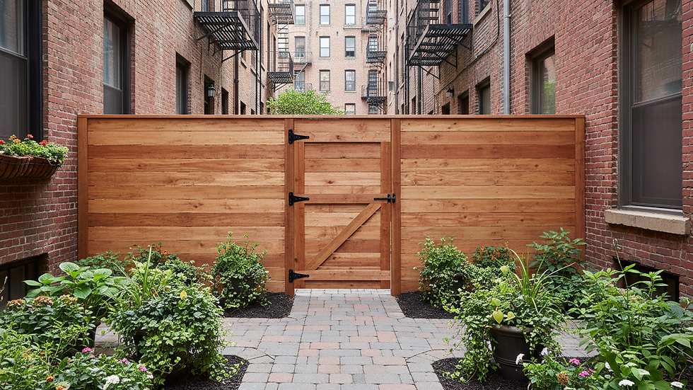 Wide-angle view of a finished wood fence and gate in a narrow New York backyard