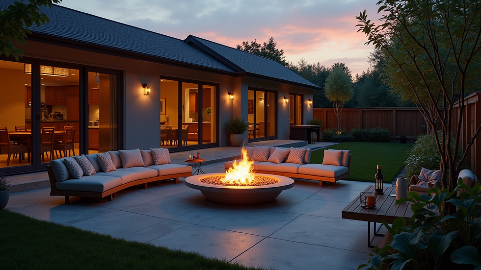 Wide angle view of a backyard with a fire pit and seating area at dusk
