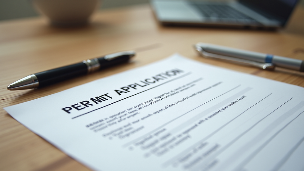 Close-up view of a permit application form and a pen on a wooden table