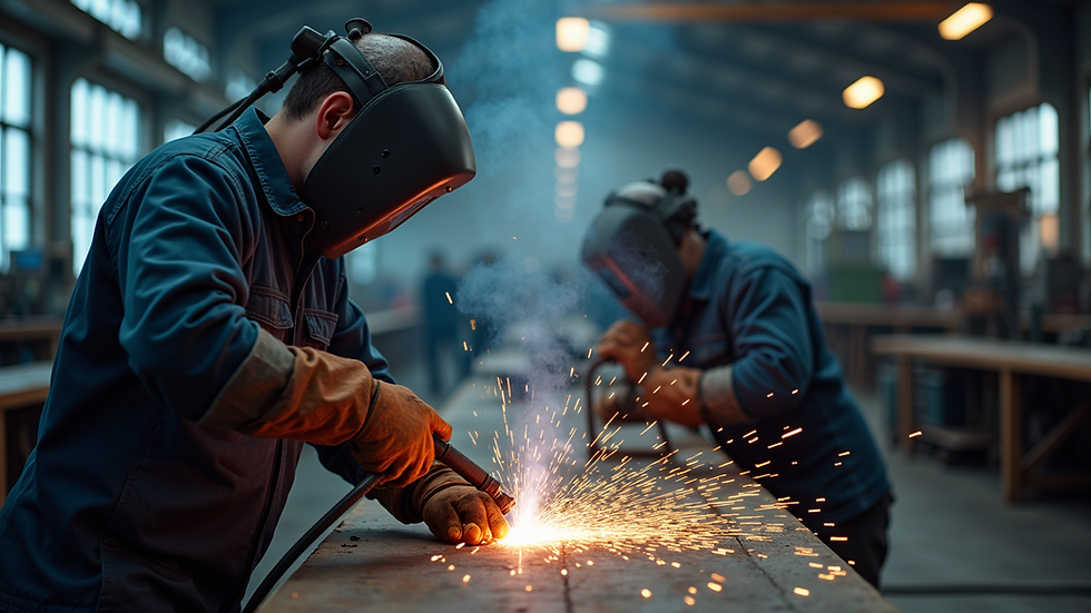 Wide angle view of a welding workshop with students practicing