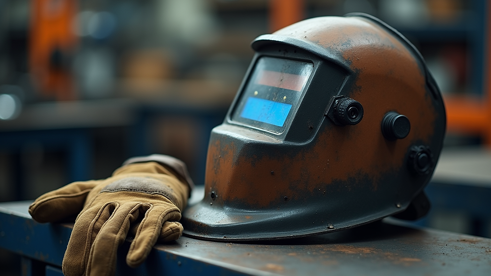 Close-up view of welding helmet and gloves on a metal workbench