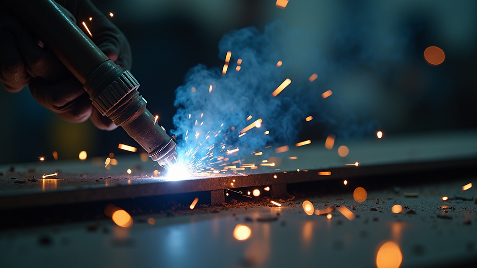 Eye-level view of welding torch joining metal pieces