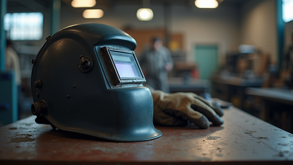 Eye-level view of welding helmet and gloves on a workbench