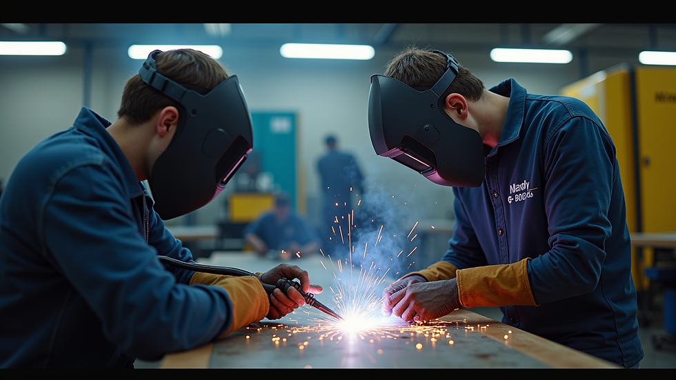 High angle view of welding classroom with students practicing