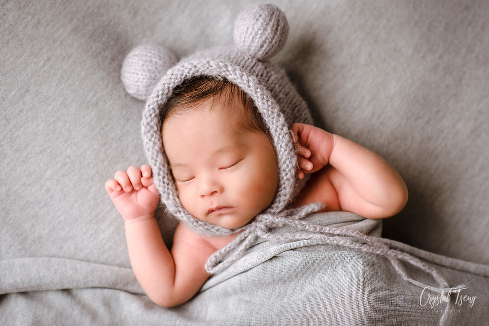 sleeping baby wearing knit bear hat soft gray photoshoot_Ellicott City_Baltimore_Washington DC_Maryland newborn photographer_Crystal Tseng Photography Photo Studio_Baby Photographer_Newborn Photoshoot near me_Portrait Studio_Photo Studio