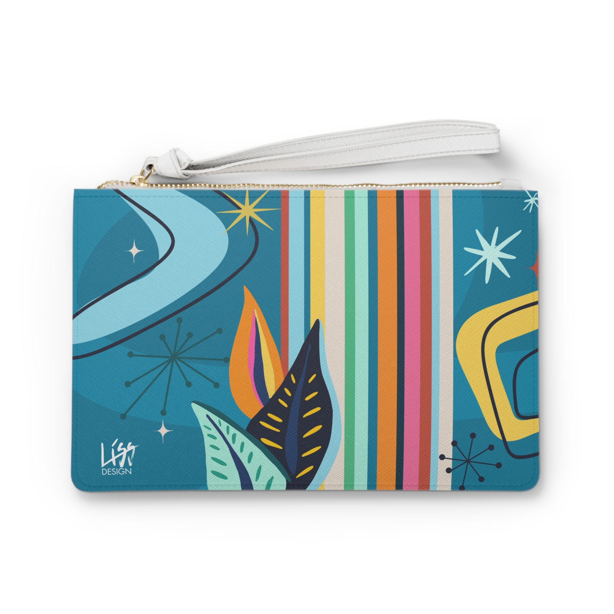 Retro Floral Stripe Clutch Bag — Mid-Century Modern Wristlet