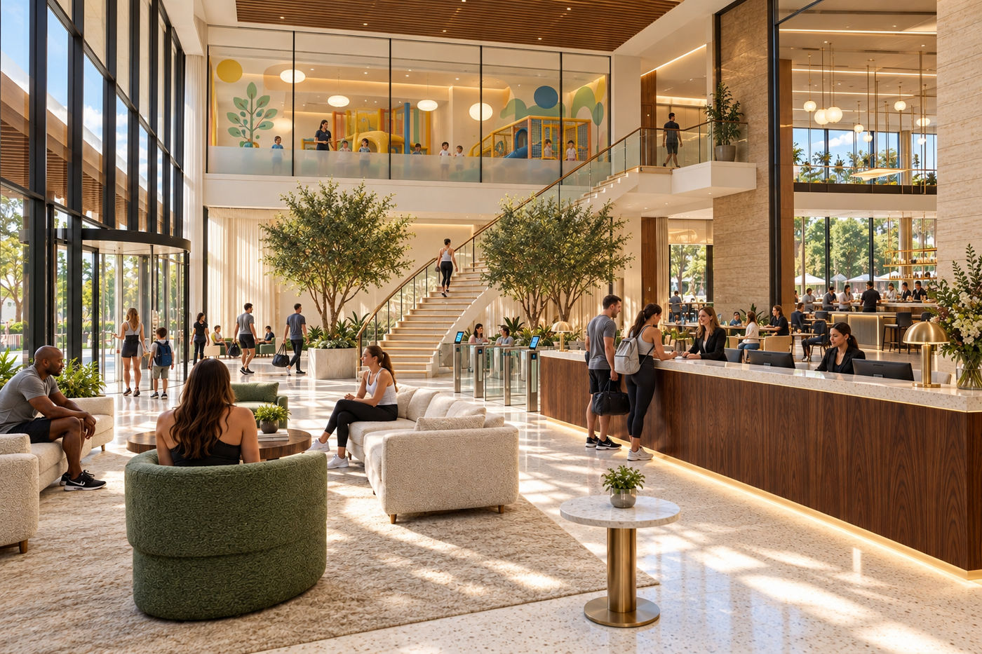 Two-story lobby with a front desk, lounge seating and a grand stair