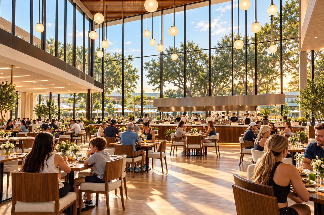 Bright restaurant dining room with floor-to-ceiling windows
