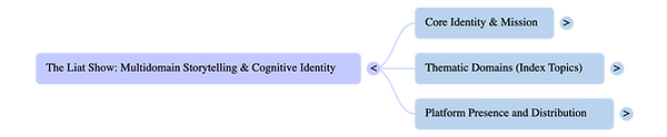 Liat Portal for The Liat Show: High Level Ontology MapLiat Portal for The Liat Show presents the high level structure of her multidomain narrative world. The image shows the root concept connected to three main branches: Core Identity and Mission, Thematic Domains, and Platform Presence and Distribution. This view represents the top layer of the cognitive structure that organizes how stories, essays, and episodes connect across The Liat Show.