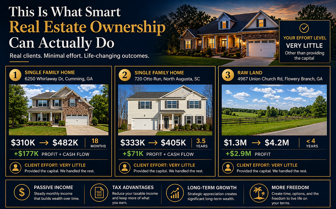 Case studies showing real estate investment success and passive income results for busy professionals.