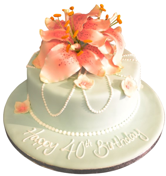 Bespoke round cake decorated with white lilies and pearl accents, perfect for celebration in Solihull, West Midlands.