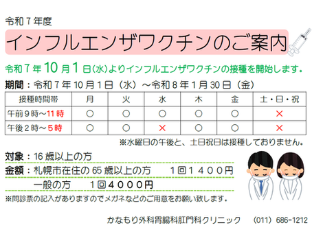インフルエンザワクチンのご案内