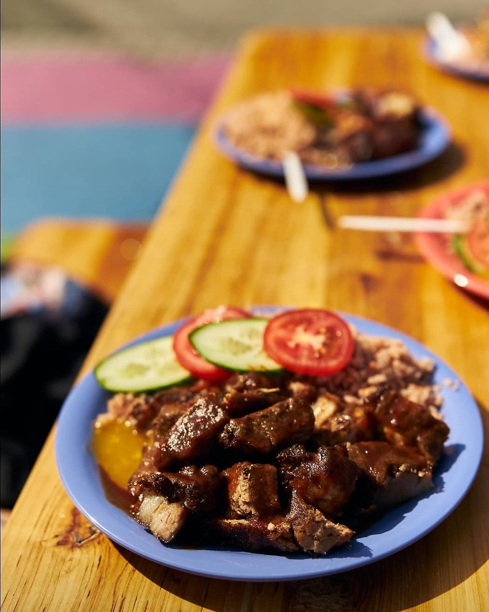 jerk pork with rice and peas