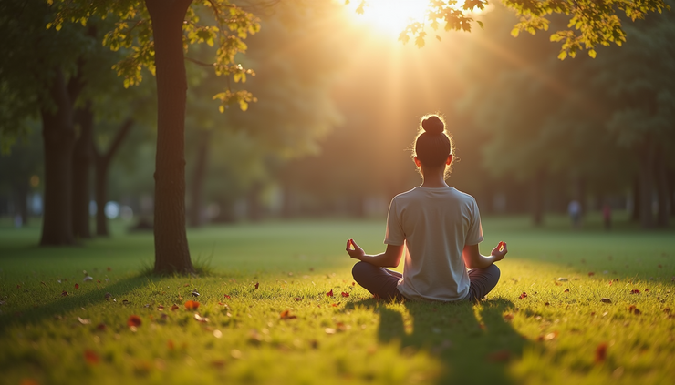 Eye-level view of a calm person sitting cross-legged in a quiet park, surrounded by trees and soft sunlight