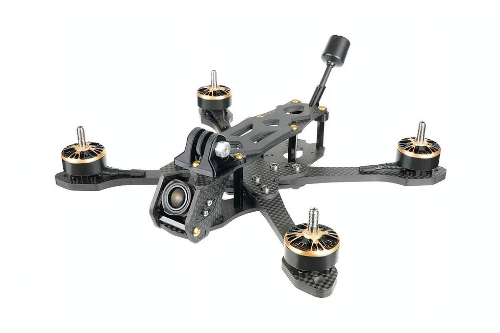 Thumbnail: Detailansicht des Echo Pro FPV-Rahmens mit TPU-Mounts und vorgespannter Carbonstruktur