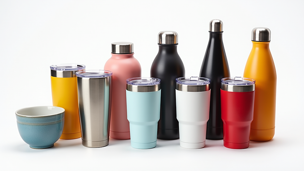 High angle view of a variety of custom drinkware including tumblers and bottles on a white background