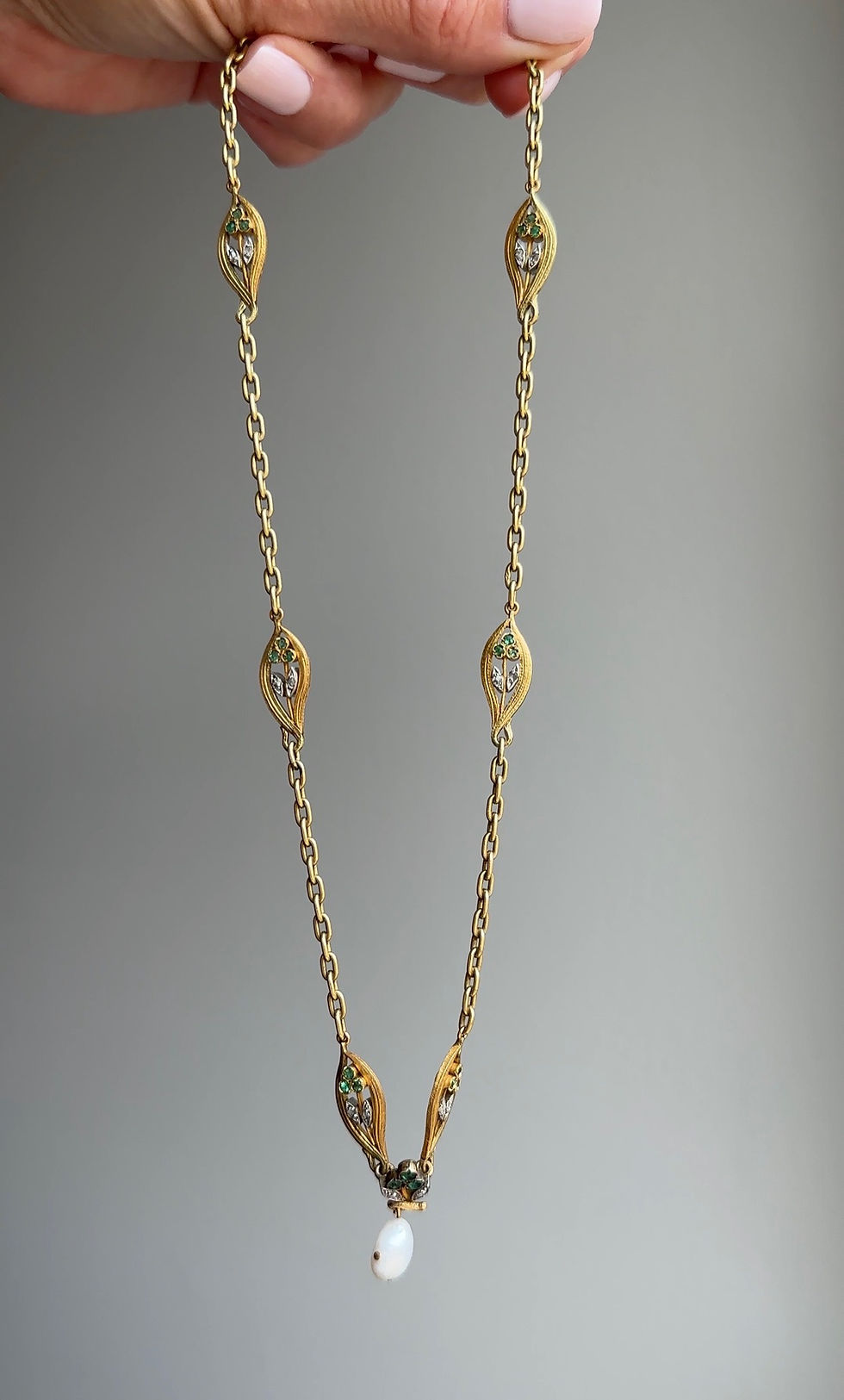 Thumbnail: Art Nouveau Diamond and Pearl Floral Necklace