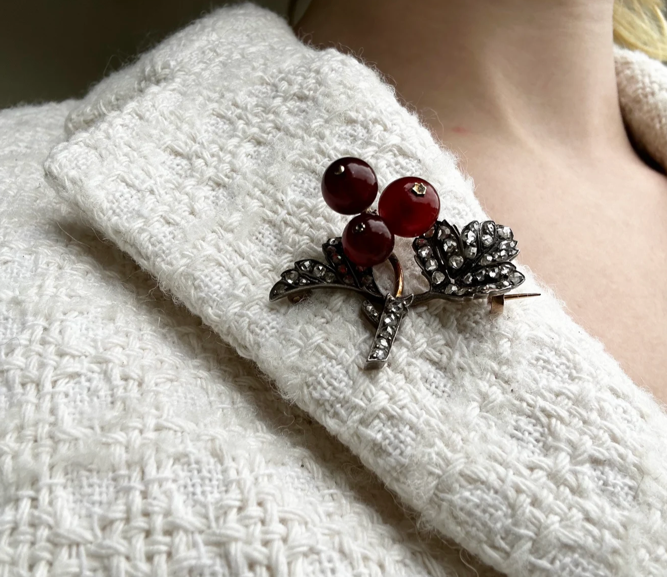 Antique French Carnelian and Diamond Red Currant Brooch
