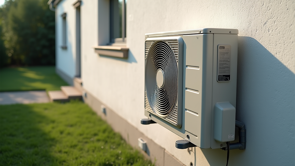 High angle view of an outdoor air conditioning unit installed on a house wall