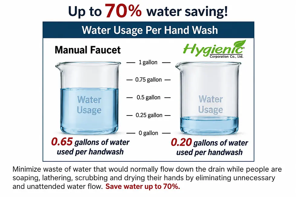 Water usage comparison chart, saving up to 70%. Manual faucet versus Hygienic usage of water.