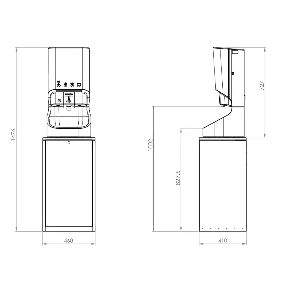 ภาพวาดทางเทคนิคเครื่องทำน้ำเย็น แสดงขนาดมุมมองด้านหน้าและด้านข้าง