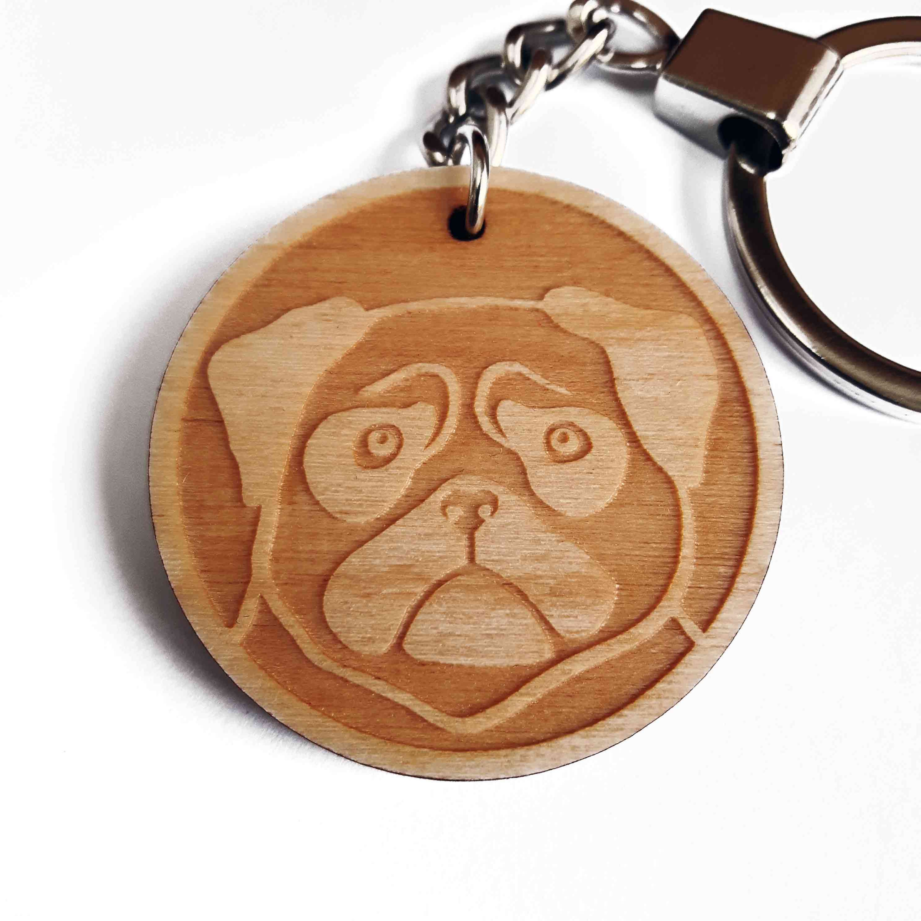 Wooden Laser Cut Pug Keyring