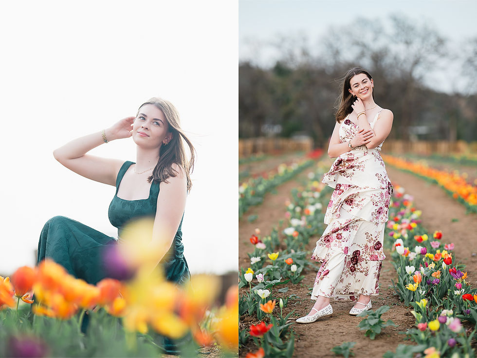 A two-part image set from a high school senior's spring session in a tulip field. Left: A close-up portrait of the senior smiling and looking up, framed by blurred tulips in the foreground. Right: A full-body shot, she stands on a path wearing a tiered burgundy and white floral dress, smiling with her hands clasped.