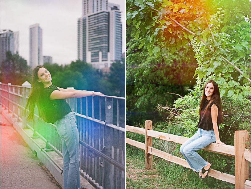 Senior girl posing on bridge and fence in Austin, artistic film photography effects, professional senior portrait photographer.