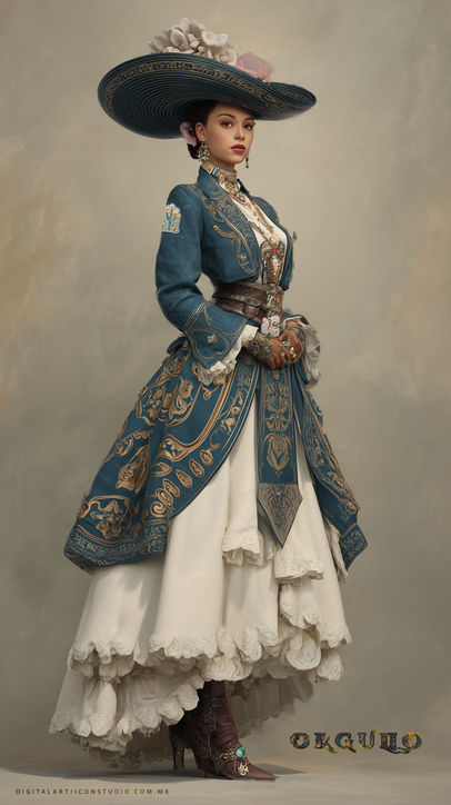 Mujer charra mexicana con traje tradicional azul celeste de olanes, bordados dorados y detalles en cuero artesanal. Porta sombrero charro elegante de ala amplia, conjunto típico de la charrería mexicana. Retrato femenino de belleza mexicana, identidad cultural, tradición nacional y orgullo patrio. Vestimenta regional de México con acabados en oro, diseño folclórico y estilo ecuestre tradicional. Imagen artística de charra mexicana representando cultura, elegancia y herencia mexicana.