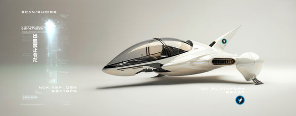 Nave futurista blanca de diseño aerodinámico flotando sobre un fondo minimalista claro. Cuenta con cabina transparente tipo burbuja, alas compactas y propulsores laterales estilizados. A la izquierda aparecen elementos holográficos con texto técnico, incluyendo “SCAN/SUCES” y “Victormenta Commander”, mientras que en la parte inferior se lee “NUK-ASP GEN” y “101 Platform Ready”, sugiriendo una interfaz de escaneo o presentación tecnológica avanzada.