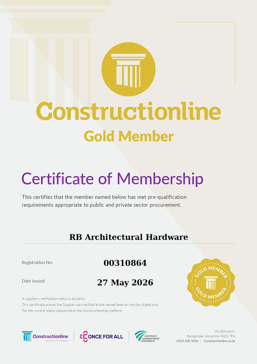 Constructionline Gold Member certificate of membership