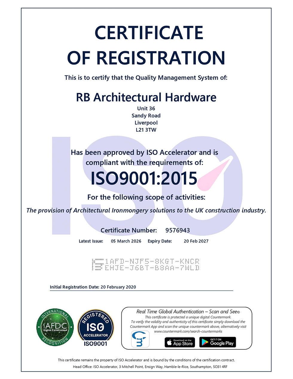 ISO 9001:2015 quality management certificate of registration