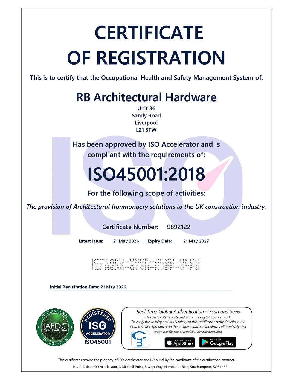 ISO 45001:2018 occupational health and safety certificate of registration