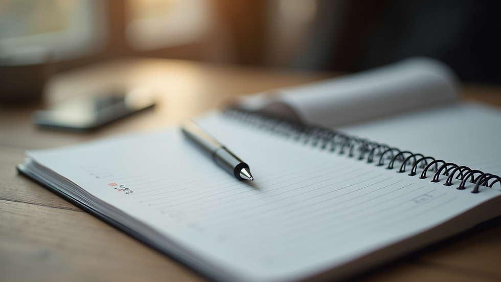 Close-up view of a fitness journal with notes and a pen