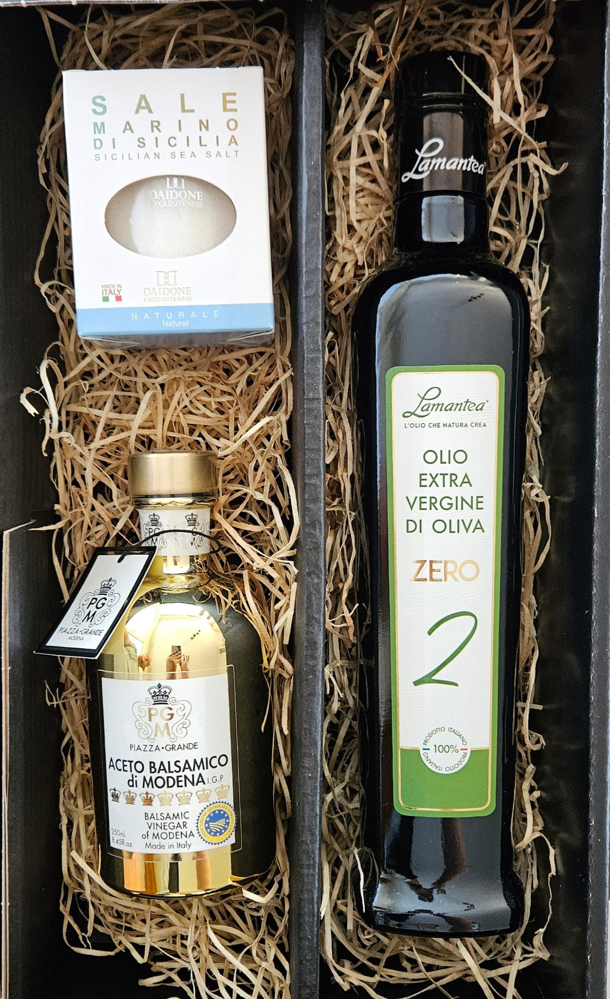 Geschenkbox - Olivenöl, Aceto Balsamico, Meersalz
