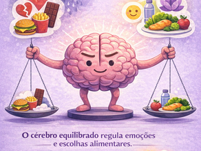 um cerebro segurando uma balança de alimentação saudável e não saudável