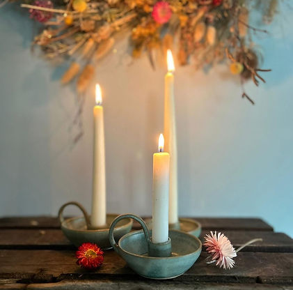 Delicate, vintage inspired ceramic candle holders with a earthy, blue-green glaze 
