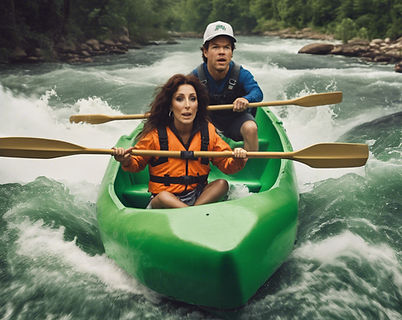 man and woman in green canoe, no helmets