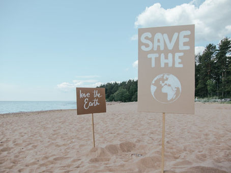 Hand painted signs saying love the Earth and Save the Planet on a beach to celebrate Earth Day