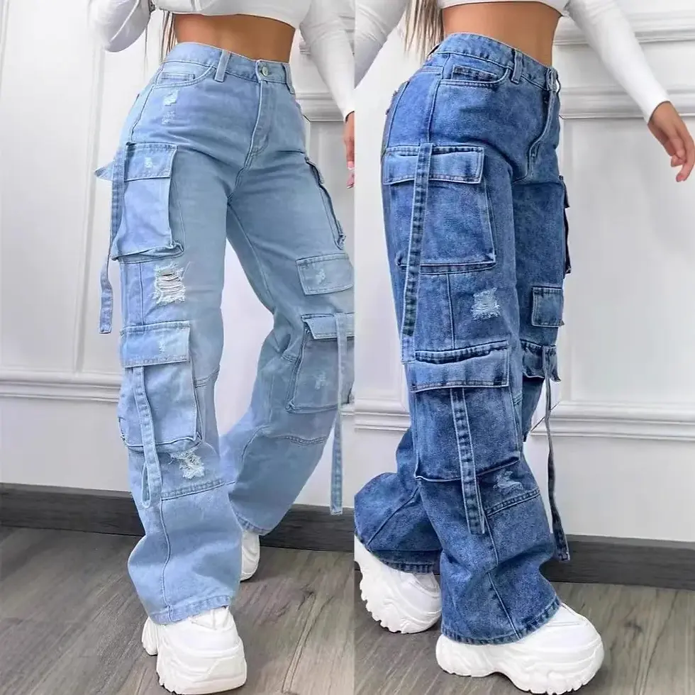 Miniatura: New 2026 Fashion Pure Color Casual Workwear Denim High Waist Multi Pocket Loose 