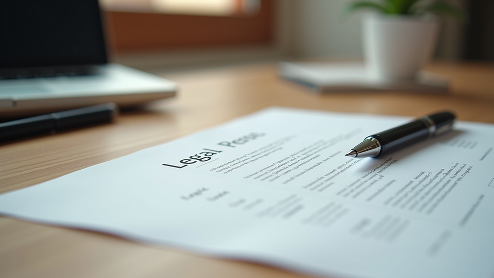 Eye-level view of a legal document and pen on a wooden desk